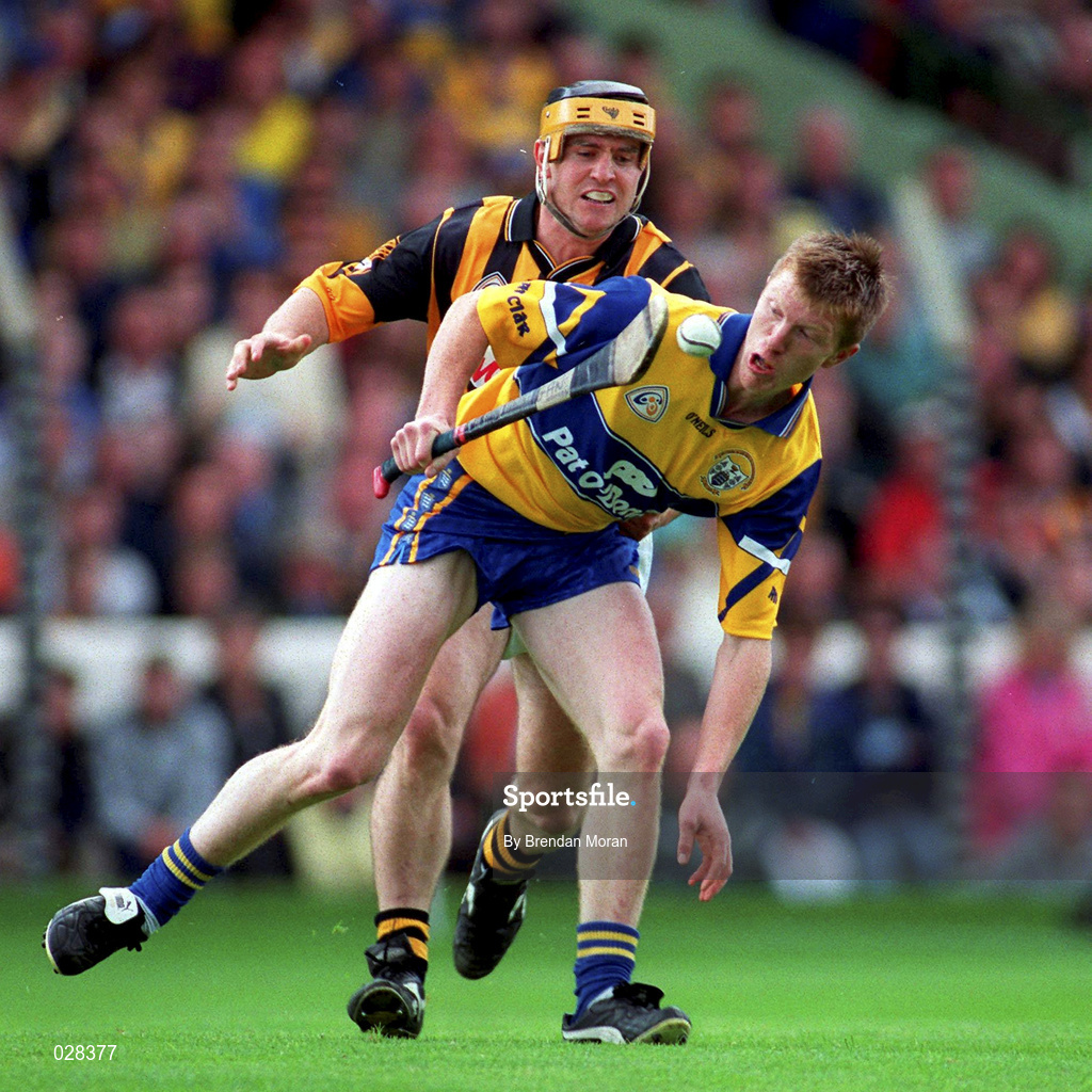 15 August 1999; Niall Gilligan of Clare in action against Canice Brennan of Kilkenny during the Guinness All-Ireland Senior Hurling Championship Semi-Final match between Kilkenny and Clare at Croke Park in Dublin. Photo by Brendan Moran/Sportsfile