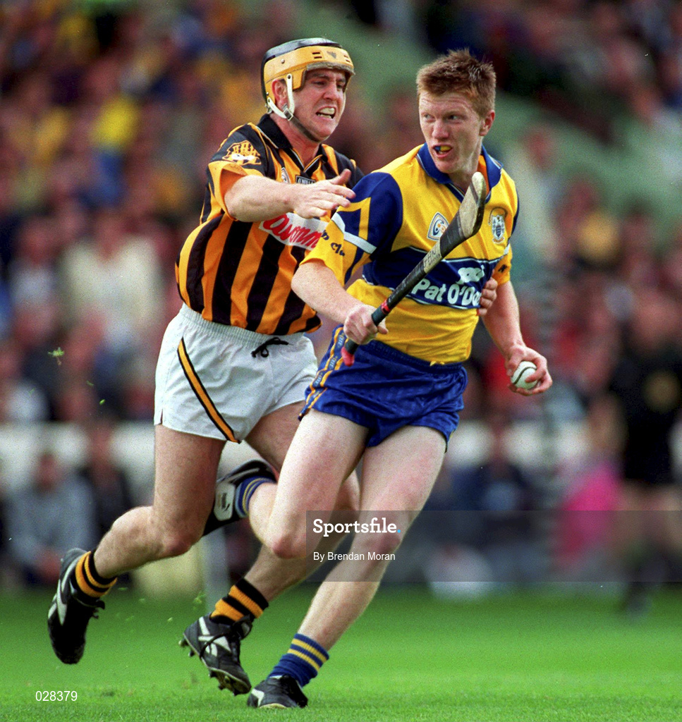 15 August 1999; Niall Gilligan of Clare in action against Canice Brennan of Kilkenny during the Guinness All-Ireland Senior Hurling Championship Semi-Final match between Kilkenny and Clare at Croke Park in Dublin. Photo by Brendan Moran/Sportsfile