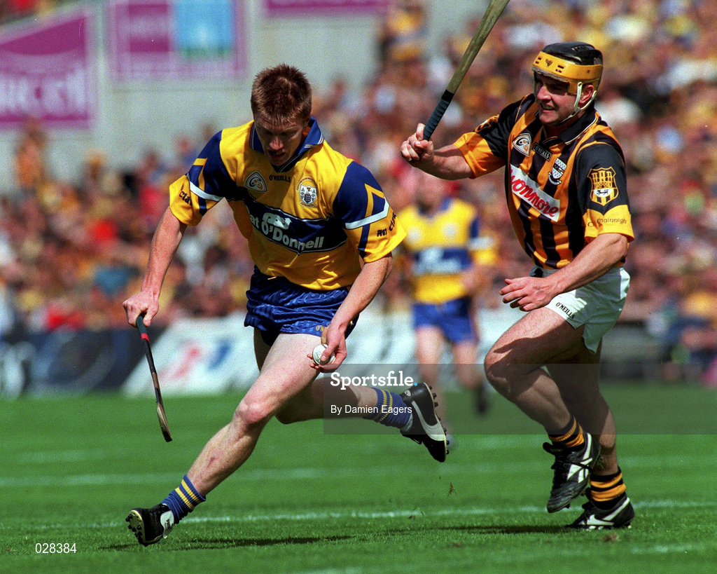 15 August 1999; Niall Gilligan of Clare in action against Canice Brennan of Kilkenny during the Guinness All-Ireland Senior Hurling Championship Semi-Final match between Kilkenny and Clare at Croke Park in Dublin. Photo by Damien Eagers/Sportsfile