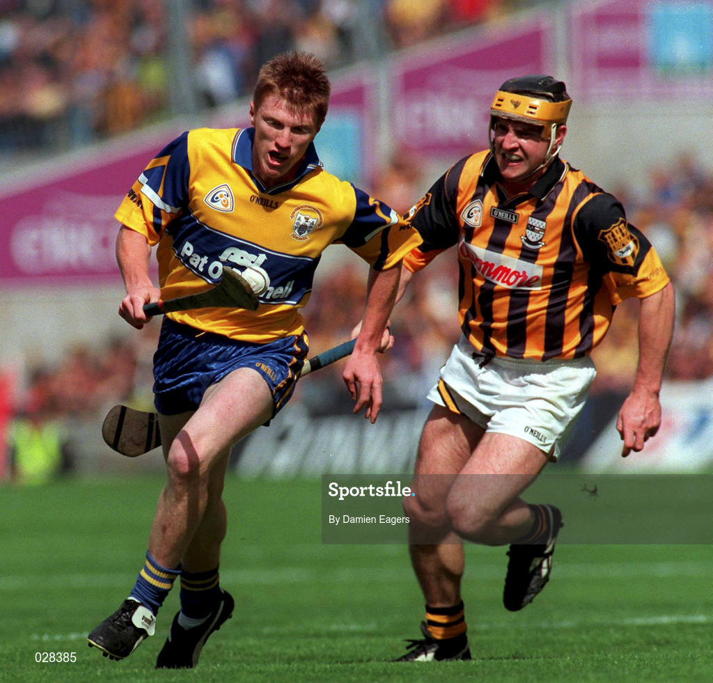 15 August 1999; Niall Gilligan of Clare is tackled by Canice Brennan of Kilkenny during the Guinness All-Ireland Senior Hurling Championship Semi-Final match between Kilkenny and Clare at Croke Park in Dublin. Photo by Damien Eagers/Sportsfile