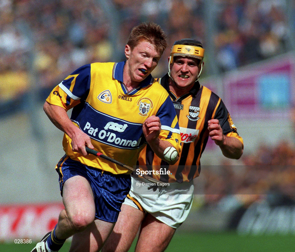 15 August 1999; Niall Gilligan of Clare is tackled by Canice Brennan of Kilkenny during the Guinness All-Ireland Senior Hurling Championship Semi-Final match between Kilkenny and Clare at Croke Park in Dublin. Photo by Damien Eagers/Sportsfile