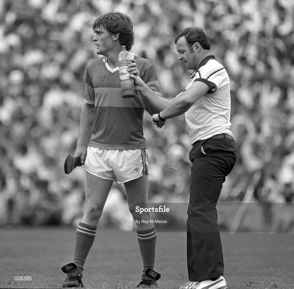 12 July 1987; Nicky English of Tipperary, left, and team masseuse Willie Bennett during the Munster Senior Hurling Championship Final between Tipperary and Cork at Semple Stadium in Thurles, Tipperary. Photo by Ray McManus/Sportsfile