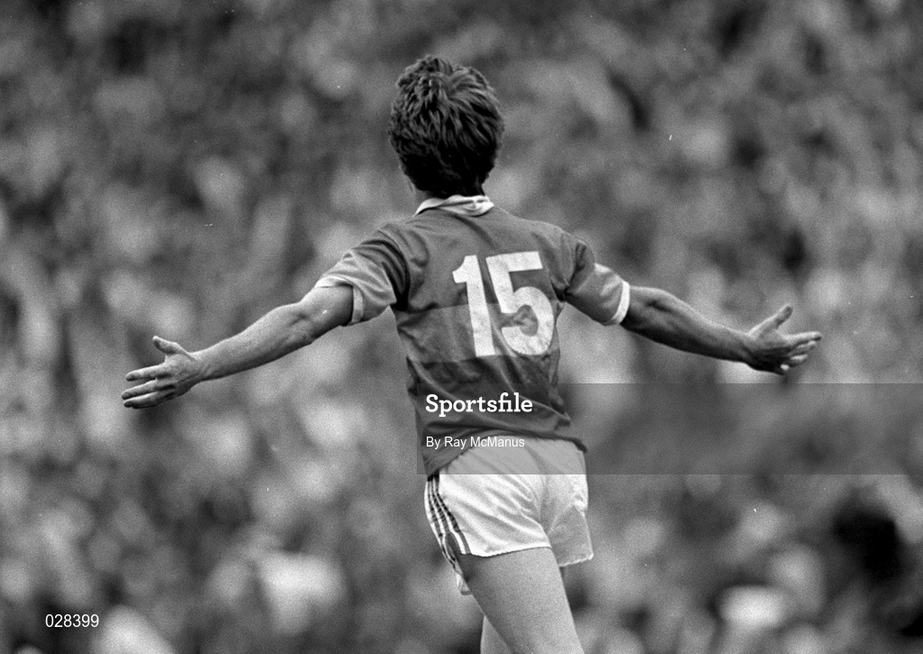 12 July 1987; Nicky English, Tipperary, celebrates scoring a goal after kicking the ball into the net after losing his hurl during the Munster Senior Hurling Championship Final between Tipperary and Cork at Semple Stadium in Thurles, Tipperary. Photo by Ray McManus/Sportsfile