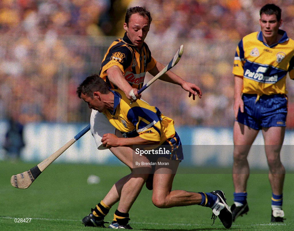15 August 1999; Andy Comerford of Kilkenny stops PJ O'Connell of Clare during the Guinness All-Ireland Senior Hurling Championship Semi-Final match between Kilkenny and Clare at Croke Park in Dublin. Photo by Brendan Moran/Sportsfile