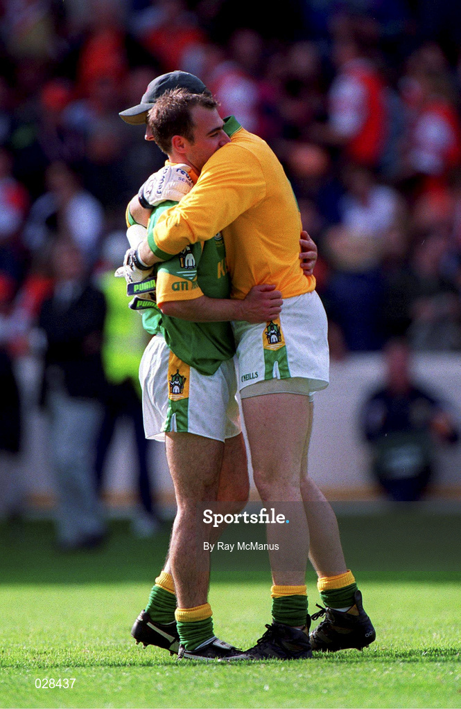 29 August 1999; Meath goalkeeper Cormac Sullivan hugs team-mate Paddy Reynolds, left, in celebration following the Bank of Ireland All-Ireland Senior Football Championship Semi-Final match between Meath and Armagh at Croke Park in Dublin. Photo by Ray McManus/Sportsfile