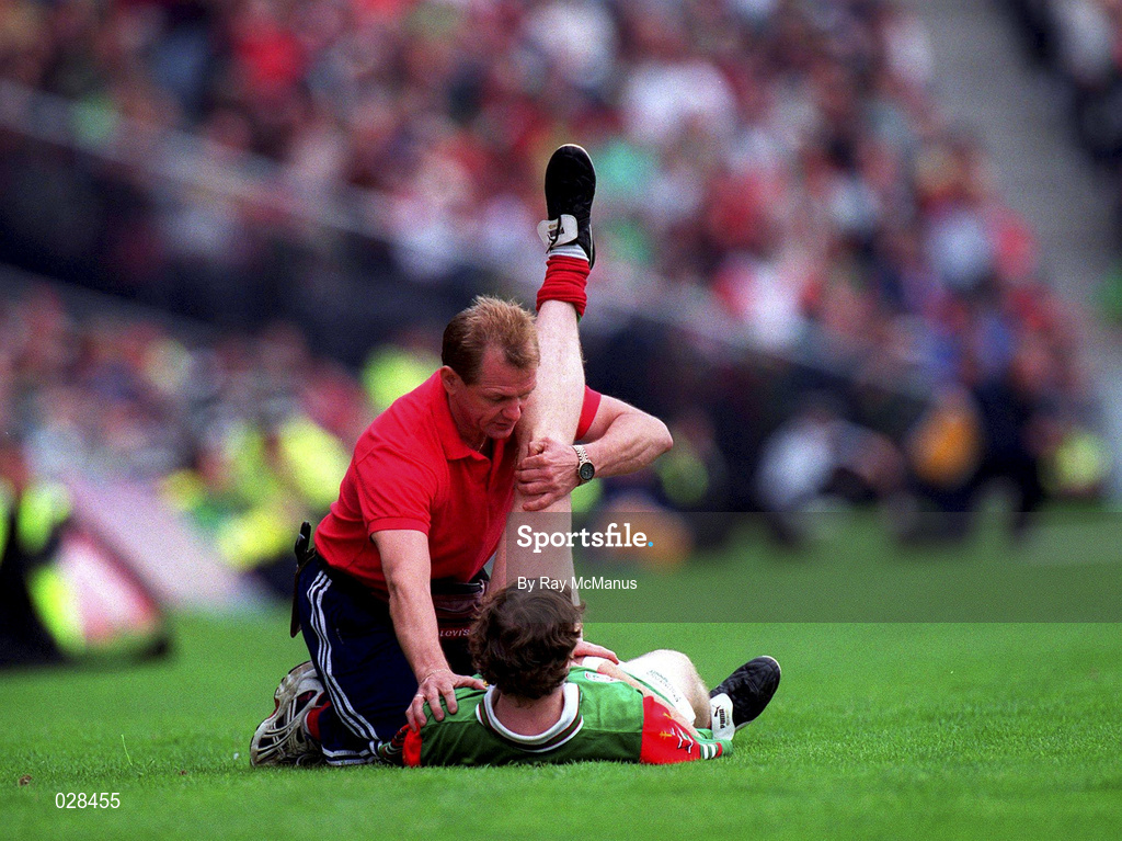 22 August 1999; Mayo subsitute Pat Fallon goes through a warm up exercise before coming into the game during the Bank of Ireland All-Ireland Senior Football Championship Semi-Final match between Cork and Mayo at Croke Park in Dublin. Photo by Ray McManus/Sportsfile