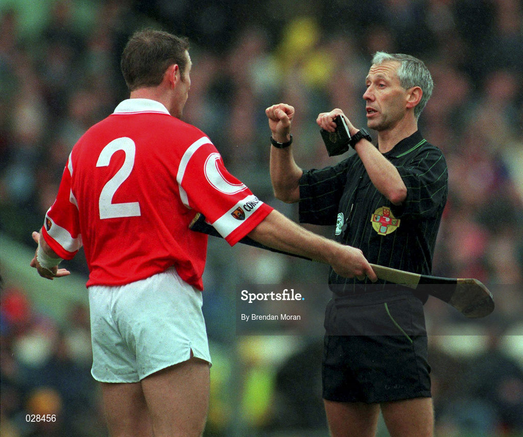 12 September 1999; Referee Pat O'Connor speaks with Cork's Fergal Ryan during the Guinness All-Ireland Senior Hurling Championship Final between Cork and Kilkenny at Croke Park in Dublin. Photo by Brendan Moran/Sportsfile