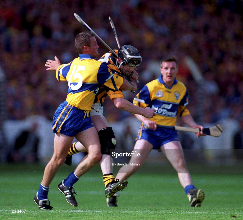 15 August 1999; Peter Barry of Kilkenny in action against Alan Markham of Clare during the Guinness All-Ireland Senior Hurling Championship Semi-Final match between Kilkenny and Clare at Croke Park in Dublin. Photo by Brendan Moran/Sportsfile
