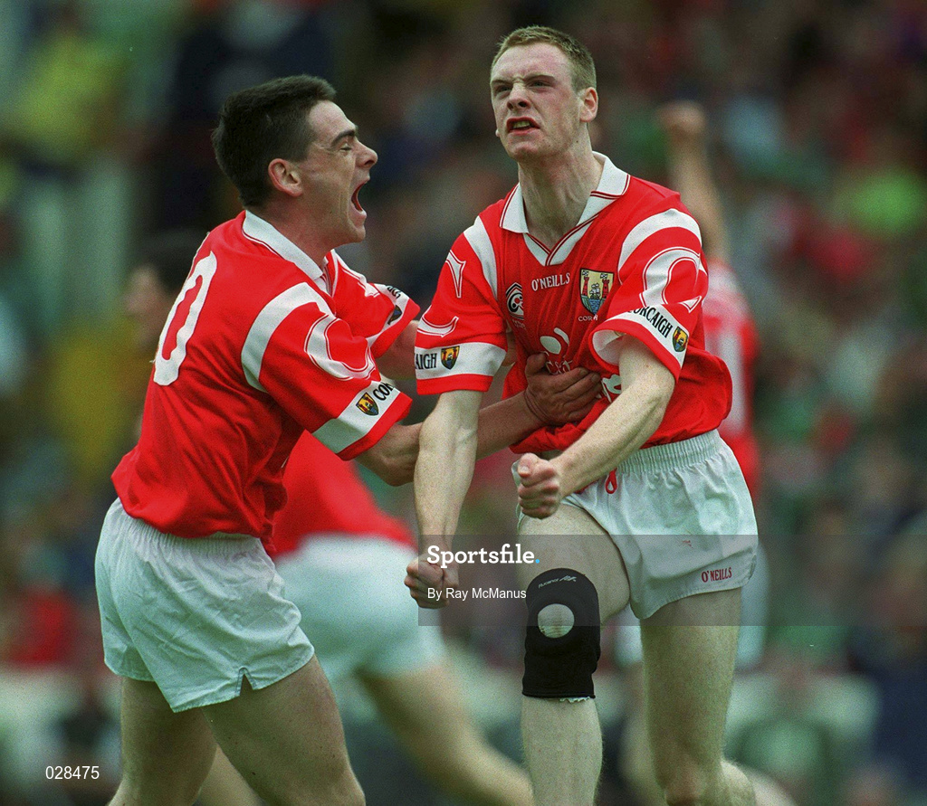 22 August 1999; Cork's Philip Clifford celebrates after scoring his side's first goal with teammate Michael Cronin, left, during the Bank of Ireland All-Ireland Senior Football Championship Semi-Final match between Cork and Mayo at Croke Park in Dublin. Photo by Ray McManus/Sportsfile