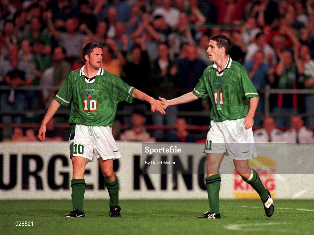 1 September 1999; Republic of Ireland goalscorers Robbie Keane, left, and Mark Kennedy celebrate after Kennedy socred their second goal during the UEFA European Championships Qualifying Group 8 match between Republic of Ireland and Yugoslavia at Lansdowne Road in Dublin. Photo by David Maher/Sportsfile