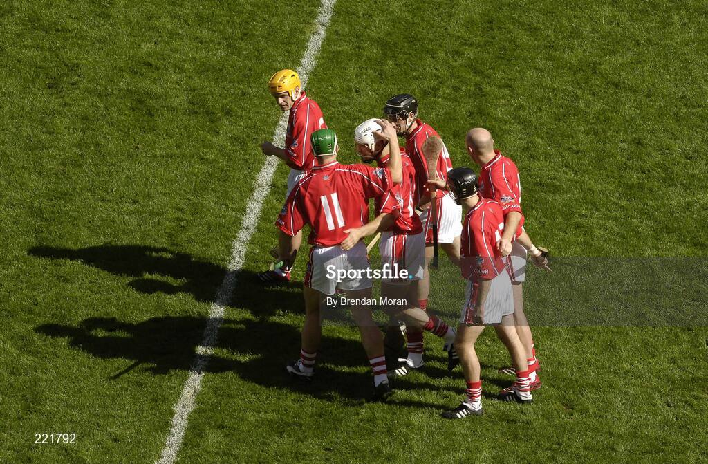 3 September 2006; Cork forwards, including Joe Deane, Niall McCarthy, 11, Tommy McCarthy, Ben O'Connor, Brian Corcoran and Neil Ronan break after standing together for the national anthem before the game. Guinness All-Ireland Senior Hurling Championship Final, Cork v Kilkenny, Croke Park, Dublin. Picture credit: Brendan Moran / SPORTSFILE