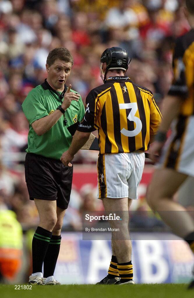 3 September 2006; Referee Barry Kelly speaks to Noel Hickey, Kilkenny, before showing him a yellow card. Guinness All-Ireland Senior Hurling Championship Final, Cork v Kilkenny, Croke Park, Dublin. Picture credit: Brendan Moran / SPORTSFILE