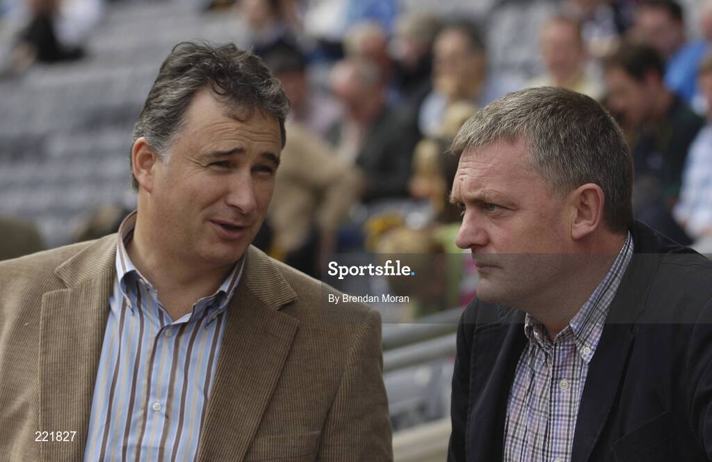 3 September 2006; Former hurlers Tomas Mulcahy, left, from Cork, in conversation with former Tipperary hurler and manager Nicky English. ESB All-Ireland Minor Hurling Championship Final, Galway v Tipperary, Croke Park, Dublin. Picture credit: Brendan Moran / SPORTSFILE