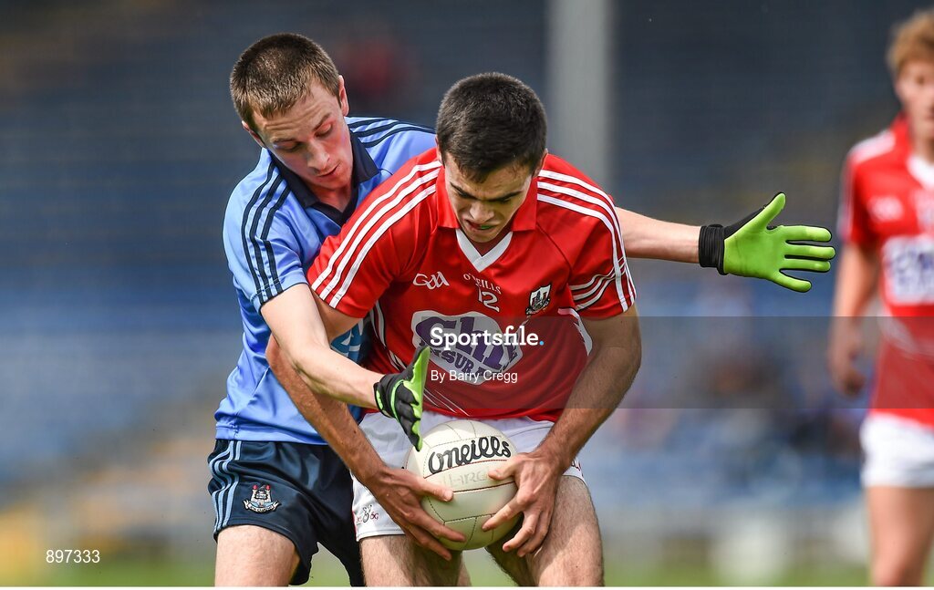 4 August 2014; David Lowney, Cork, in action against Glenn O'Reilly, Dublin. Electric Ireland GAA Football All-Ireland Minor Championship Quarter-Final, Dublin v Cork, Semple Stadium, Thurles, Co. Tipperary. Picture credit: Barry Cregg / SPORTSFILE