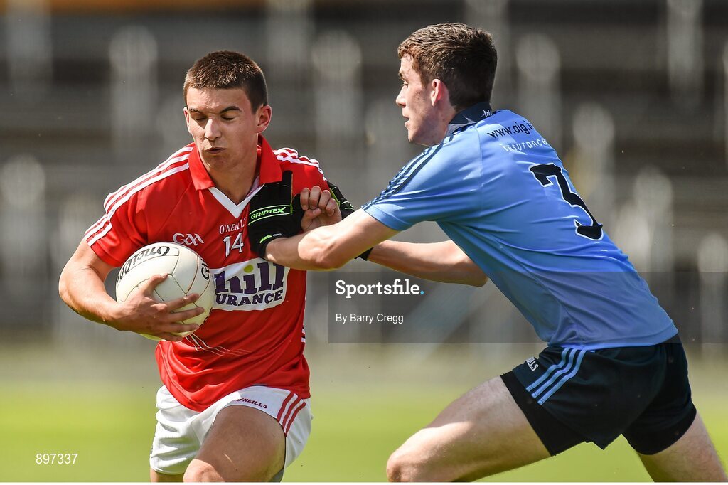 4 August 2014; Shane Kingston, Cork, in action against Jack Mullins, Dublin. Electric Ireland GAA Football All-Ireland Minor Championship Quarter-Final, Dublin v Cork, Semple Stadium, Thurles, Co. Tipperary. Picture credit: Barry Cregg / SPORTSFILE