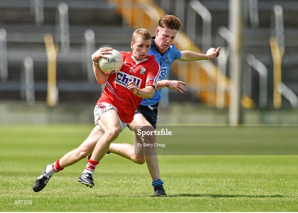 4 August 2014; Michael Hurley, Cork, in action against Eoghan McHugh, Dublin. Electric Ireland GAA Football All-Ireland Minor Championship Quarter-Final, Dublin v Cork, Semple Stadium, Thurles, Co. Tipperary. Picture credit: Barry Cregg / SPORTSFILE