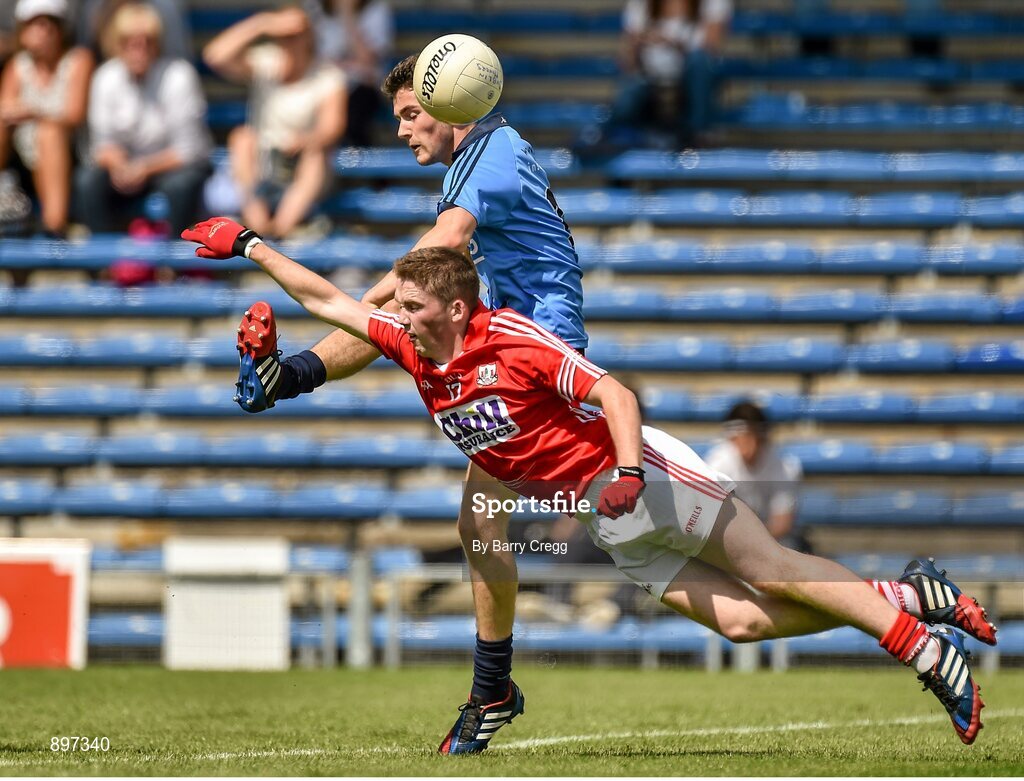 4 August 2014; Colm Basquel, Dublin, in action against Cian O'Donovan, Cork. Electric Ireland GAA Football All-Ireland Minor Championship Quarter-Final, Dublin v Cork, Semple Stadium, Thurles, Co. Tipperary. Picture credit: Barry Cregg / SPORTSFILE