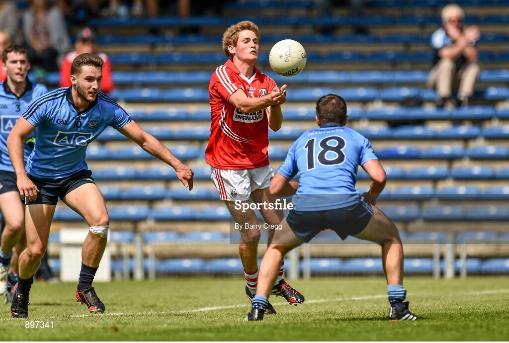 4 August 2014; Séamus Roynane, Cork, in action against Warren Egan, left, and Declan Monahan, Dublin. Electric Ireland GAA Football All-Ireland Minor Championship Quarter-Final, Dublin v Cork, Semple Stadium, Thurles, Co. Tipperary. Picture credit: Barry Cregg / SPORTSFILE