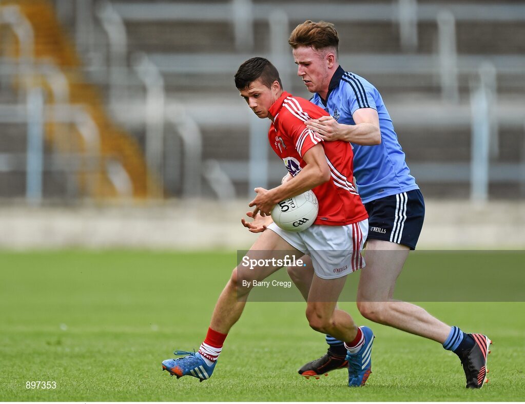 4 August 2014; Daniel Ó Duinnín, Cork, in action against Eoghan McHugh, Dublin. Electric Ireland GAA Football All-Ireland Minor Championship Quarter-Final, Dublin v Cork, Semple Stadium, Thurles, Co. Tipperary. Picture credit: Barry Cregg / SPORTSFILE