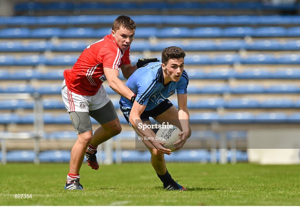 4 August 2014; Colm Basquel, Dublin, in action against Seán Powter, Cork. Electric Ireland GAA Football All-Ireland Minor Championship Quarter-Final, Dublin v Cork, Semple Stadium, Thurles, Co. Tipperary. Picture credit: Barry Cregg / SPORTSFILE