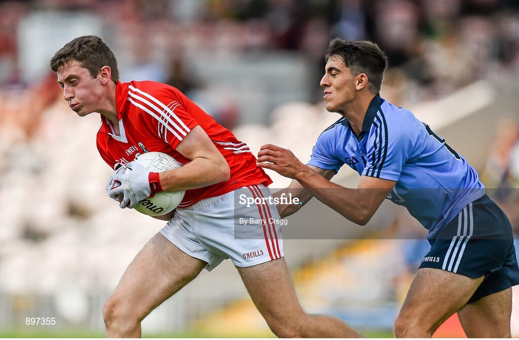4 August 2014; John Mullins, Cork, in action against Chris Sallier, Dublin. Electric Ireland GAA Football All-Ireland Minor Championship Quarter-Final, Dublin v Cork, Semple Stadium, Thurles, Co. Tipperary. Picture credit: Barry Cregg / SPORTSFILE