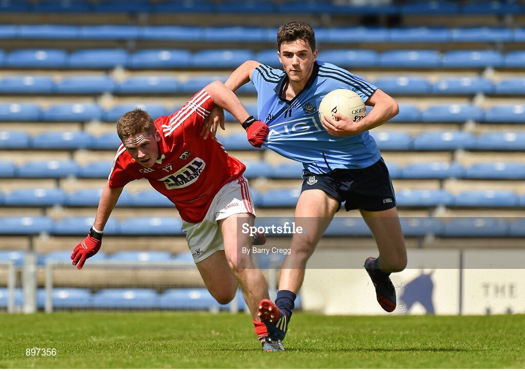 4 August 2014; Colm Basquel, Dublin, in action against Cian O'Donovan, Cork. Electric Ireland GAA Football All-Ireland Minor Championship Quarter-Final, Dublin v Cork, Semple Stadium, Thurles, Co. Tipperary. Picture credit: Barry Cregg / SPORTSFILE