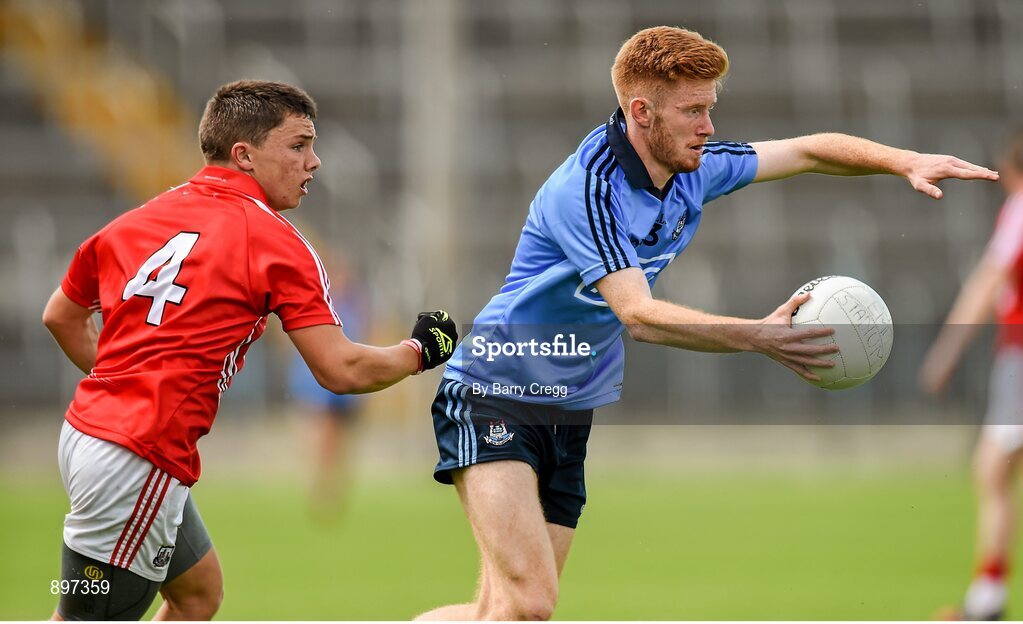 4 August 2014; Aaron Byrne, Dublin, in action against Seán Powter, Cork. Electric Ireland GAA Football All-Ireland Minor Championship Quarter-Final, Dublin v Cork, Semple Stadium, Thurles, Co. Tipperary. Picture credit: Barry Cregg / SPORTSFILE