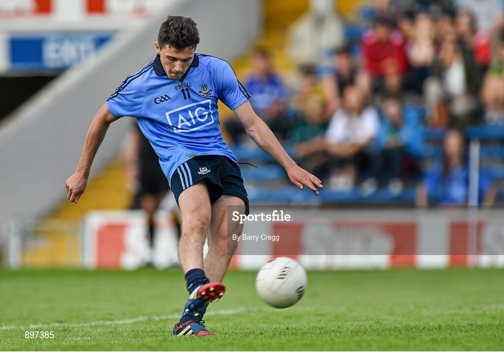 4 August 2014; Colm Basquel, Dublin, takes a late penalty kick which hits the post. Electric Ireland GAA Football All-Ireland Minor Championship Quarter-Final, Dublin v Cork, Semple Stadium, Thurles, Co. Tipperary. Picture credit: Barry Cregg / SPORTSFILE