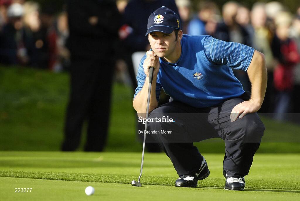 23 September 2006; Paul Casey, Team Europe 2006, lines up a putt on the 4th green during Saturday morning's four-ball matches. 36th Ryder Cup Matches, K Club, Straffan, Co. Kildare, Ireland. Picture credit: Brendan Moran / SPORTSFILE