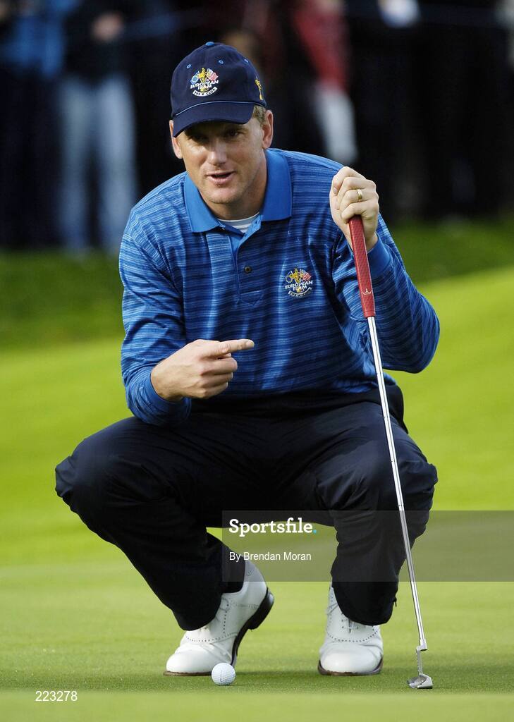 23 September 2006; Robert Karlsson, Team Europe 2006, checks his line on the 4th green during Saturday morning's four-ball matches. 36th Ryder Cup Matches, K Club, Straffan, Co. Kildare, Ireland. Picture credit: Brendan Moran / SPORTSFILE
