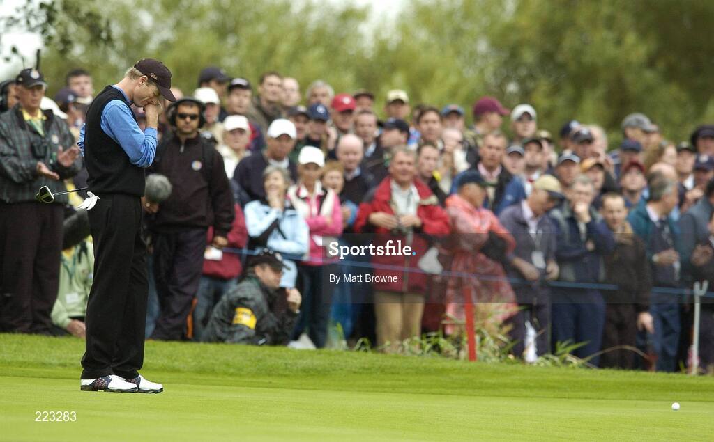 23 September 2006; Jim Furyk, Team USA 2006, reacts after missing a putt on the seventh green during Saturday morning's four-ball matches. 36th Ryder Cup Matches, K Club, Straffan, Co. Kildare, Ireland. Picture credit: Matt Browne / SPORTSFILE