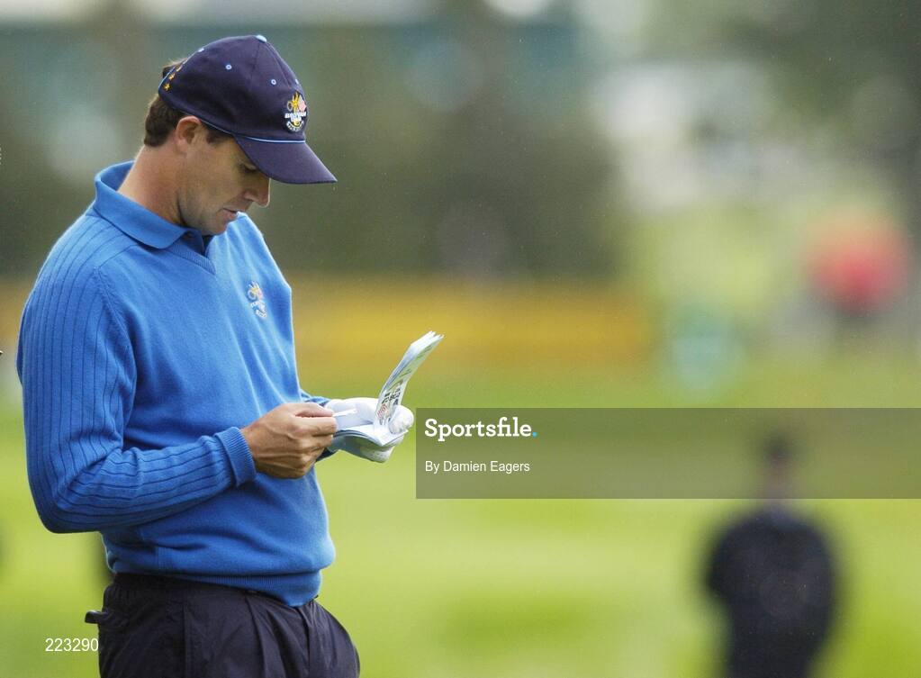 23 September 2006; Padraig Harrington, Team Europe 2006, checks his notes on the 6th fairway during Saturday morning's four-ball matches. 36th Ryder Cup Matches, K Club, Straffan, Co. Kildare, Ireland. Picture credit: Damien Eagers / SPORTSFILE