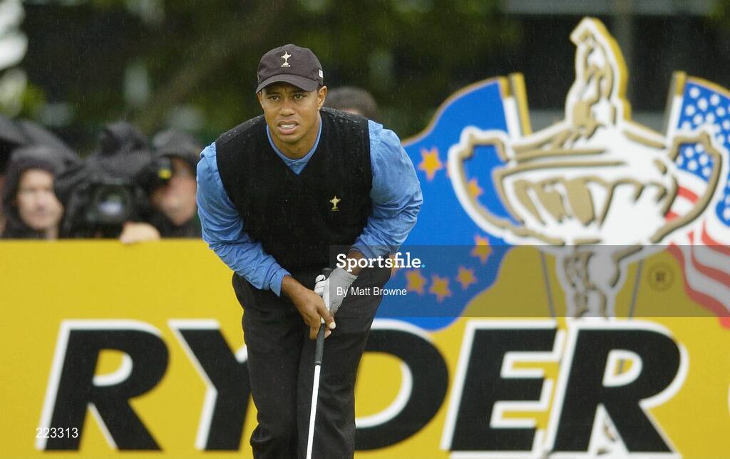 23 September 2006; Tiger Woods, Team USA 2006, studies his tee shot on the 11th tee box during Saturday morning's four-ball matches. 36th Ryder Cup Matches, K Club, Straffan, Co. Kildare, Ireland. Picture credit: Matt Browne / SPORTSFILE
