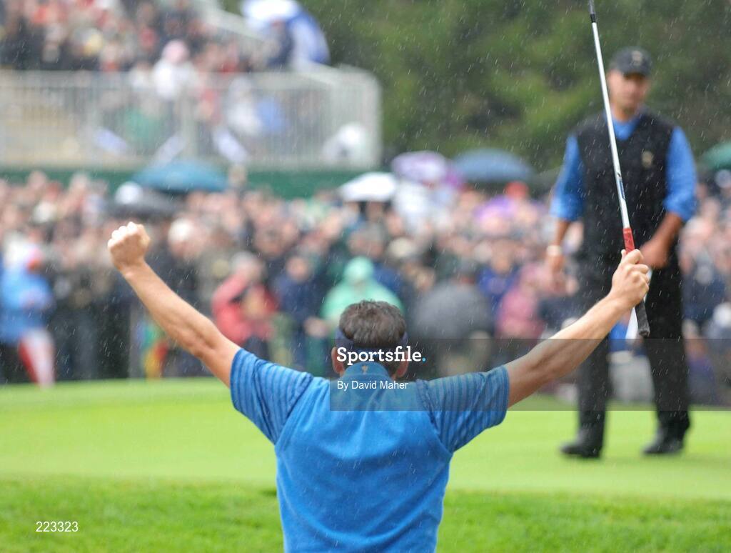 23 September 2006; Sergio Garcia, Team Europe 2006, celebrates after victory as Chris DiMarco looks on on the 16th hole against Mickelson / DiMarco during Saturday morning's four-ball matches. 36th Ryder Cup Matches, K Club, Straffan, Co. Kildare, Ireland. Picture credit: David Maher / SPORTSFILE