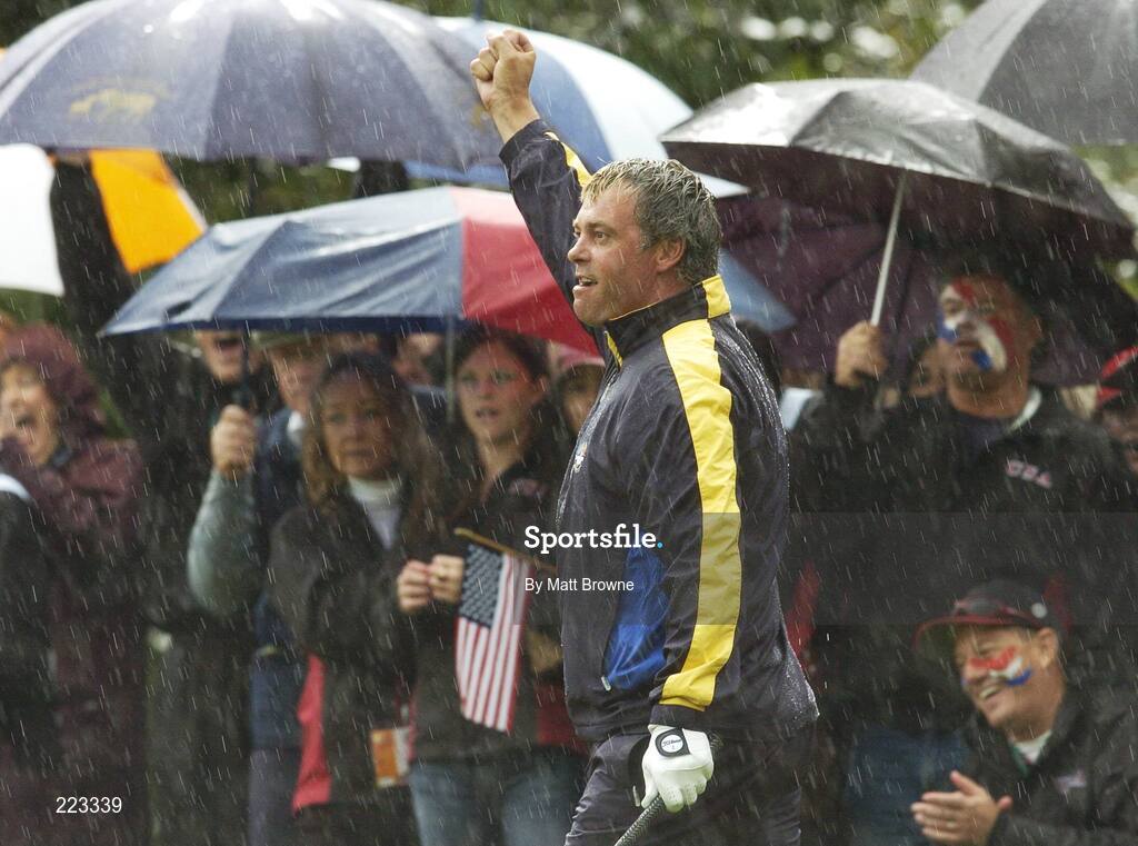 23 September 2006; Darren Clarke, Team Europe 2006, celebrates after his birdie chip at the 16th hole for victory over Woods / Furyk during Saturday morning's four-ball matches. 36th Ryder Cup Matches, K Club, Straffan, Co. Kildare, Ireland. Picture credit: Matt Browne / SPORTSFILE