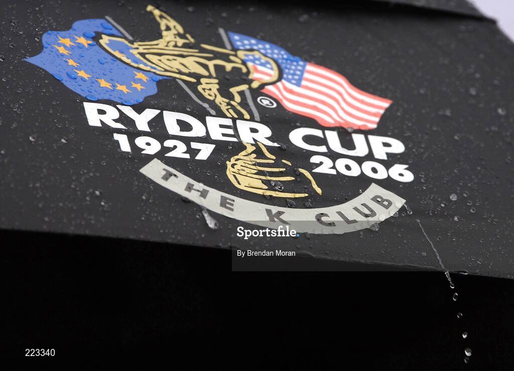 23 September 2006; A raindrop duns off an umbrella with the Ryder Cup logo during Saturday morning's four-ball matches. 36th Ryder Cup Matches, K Club, Straffan, Co. Kildare, Ireland. Picture credit: Brendan Moran / SPORTSFILE