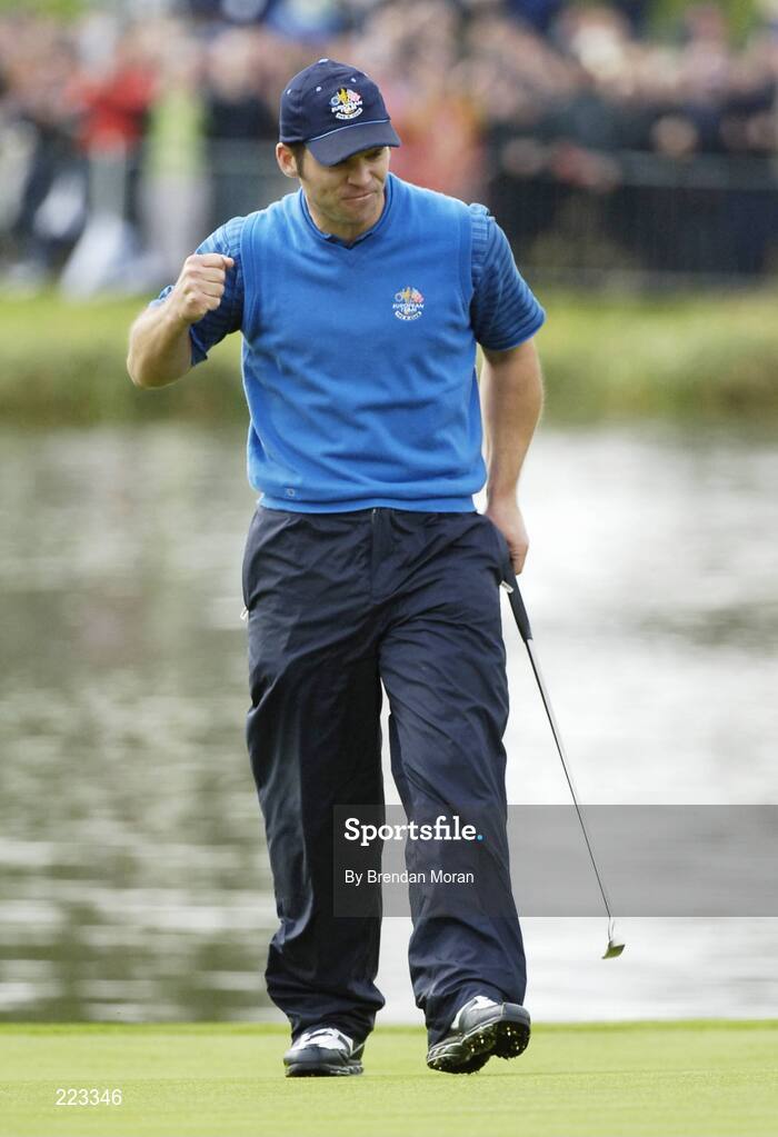23 September 2006; Paul Casey, Team Europe 2006, reacts after holing a putt on the 18th green to halve the match against Henry / Cink during Saturday morning's four-ball matches. 36th Ryder Cup Matches, K Club, Straffan, Co. Kildare, Ireland. Picture credit: Brendan Moran / SPORTSFILE