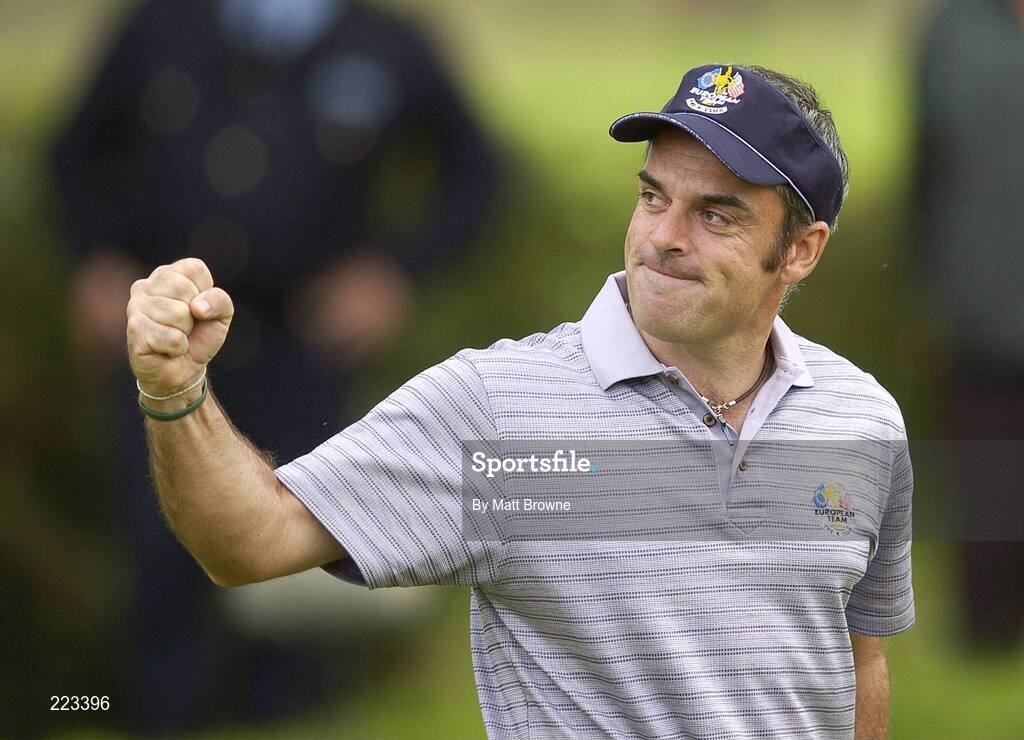 23 September 2006; Paul McGinley, Team Europe 2006, celebrates after his putt on the eight green during Saturday afternoon's foursomes matches. 36th Ryder Cup Matches, K Club, Straffan, Co. Kildare, Ireland. Picture credit: Matt Browne / SPORTSFILE