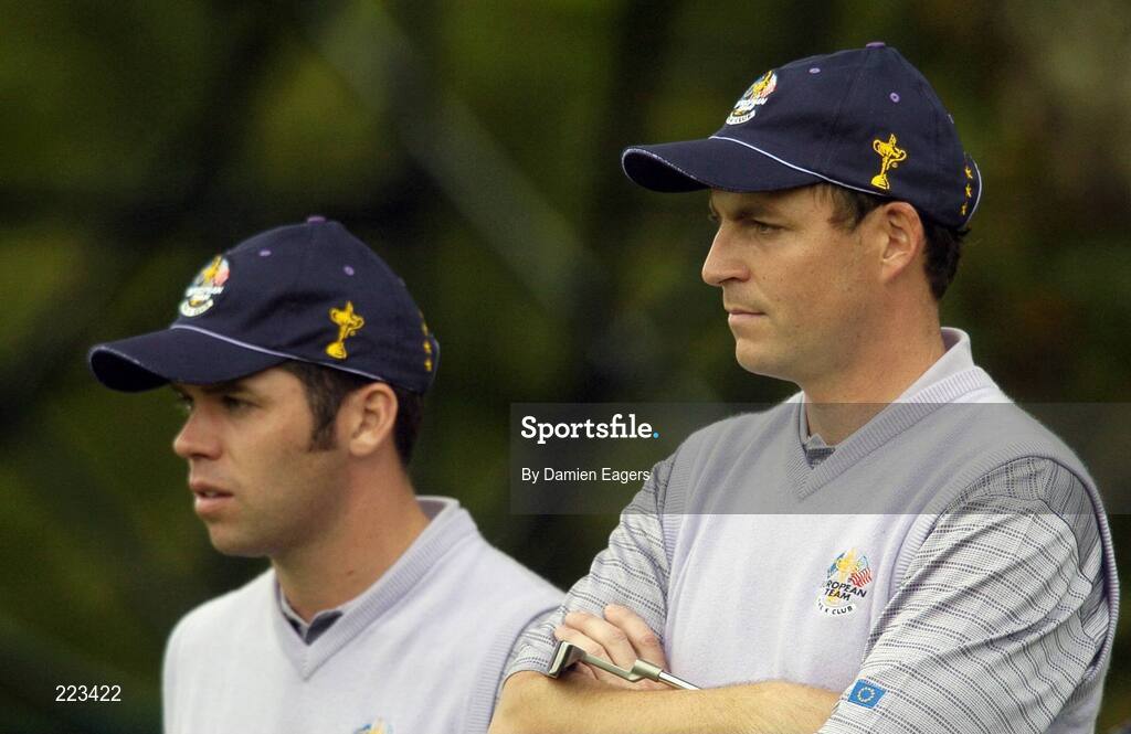 23 September 2006; Team Europe 2006 playing partners Paul Casey, left, and David Howell await their putts on the ninth green during Saturday afternoon's foursomes matches. 36th Ryder Cup Matches, K Club, Straffan, Co. Kildare, Ireland. Picture credit: Damien Eagers / SPORTSFILE