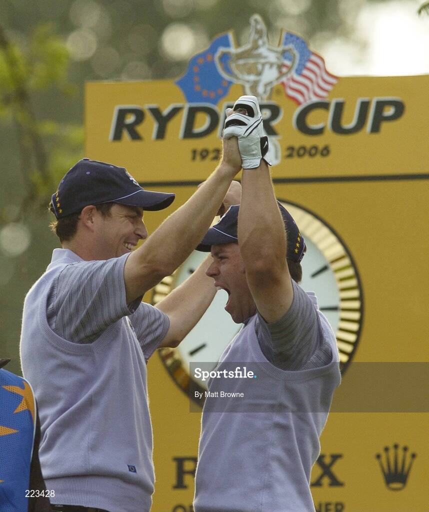 23 September 2006; Paul Casey, Team Europe 2006, celebrates with playing partner David Howell, left, after getting a hole in one on the 14th during Saturday afternoon's foursomes matches. 36th Ryder Cup Matches, K Club, Straffan, Co. Kildare, Ireland. Picture credit: Matt Browne / SPORTSFILE