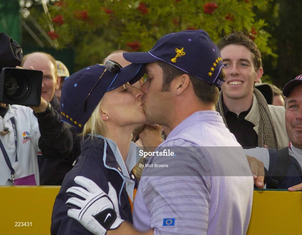 23 September 2006; Paul Casey, Team Europe 2006, is congratulated by his girlfriend Jocelyn Hefner after getting a hole in one on the 14th during Saturday afternoon's foursomes matches. 36th Ryder Cup Matches, K Club, Straffan, Co. Kildare, Ireland. Picture credit: Matt Browne / SPORTSFILE