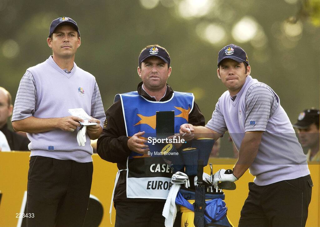 23 September 2006; Team Europe 2006 players David Howell, left, and Paul Casey, with Craig Connelly, caddy to Paul Casey, centre, moments before Casey shot a hole in one on the 14th hole during Saturday afternoon's foursomes matches. 36th Ryder Cup Matches, K Club, Straffan, Co. Kildare, Ireland. Picture credit: Matt Browne / SPORTSFILE