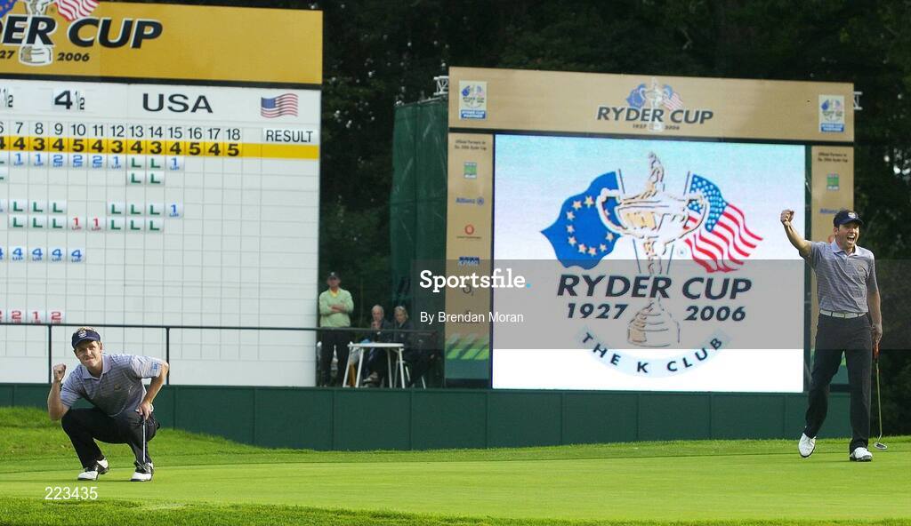 23 September 2006; Luke Donald, left, and Sergio Garcia, Team Europe 2006, celebrate in the 16th green after Donald's par putt gave them a 2 up 2 to play against Mickelson / Toms during Saturday afternoon's foursomes matches. 36th Ryder Cup Matches, K Club, Straffan, Co. Kildare, Ireland. Picture credit: Brendan Moran / SPORTSFILE