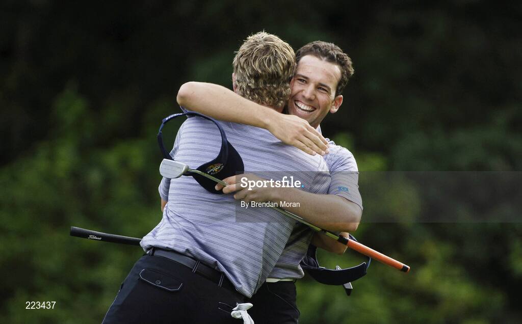 23 September 2006; Sergio Garcia, Team Europe 2006, hugs Luke Donald on the 17th green after they defeated Mickelson / Toms 2 & 1 during Saturday afternoon's foursomes matches. 36th Ryder Cup Matches, K Club, Straffan, Co. Kildare, Ireland. Picture credit: Brendan Moran / SPORTSFILE