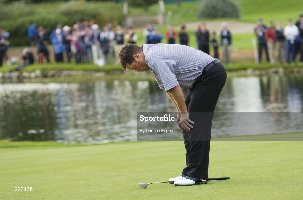 23 September 2006; Lee Westwood, Team Europe 2006, reacts after missing a putt to win the match on the 18th green during Saturday afternoon's foursomes matches. 36th Ryder Cup Matches, K Club, Straffan, Co. Kildare, Ireland. Picture credit: Damien Eagers / SPORTSFILE
