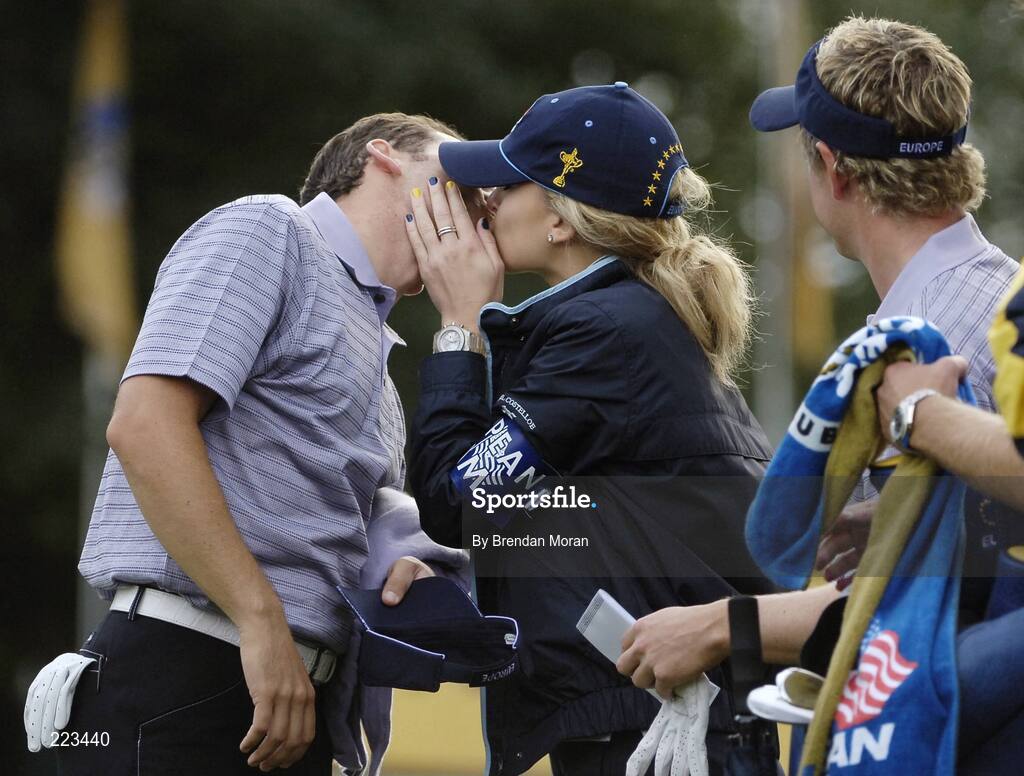 23 September 2006; Sergio Garcia, Team Europe 2006, gets a kiss from his girlfriend Morgan Norman after he and Donald defeated Mickelson / Toms 2 & 1 during Saturday afternoon's foursomes matches. 36th Ryder Cup Matches, K Club, Straffan, Co. Kildare, Ireland. Picture credit: Brendan Moran / SPORTSFILE