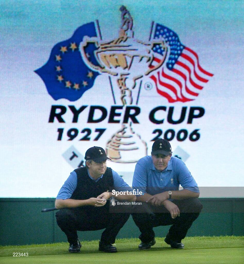 23 September 2006; David Toms, left, and Phil Mickelson, Team USA 2006, discuss their options on the 16th green during Saturday afternoon's foursomes matches. 36th Ryder Cup Matches, K Club, Straffan, Co. Kildare, Ireland. Picture credit: Brendan Moran / SPORTSFILE