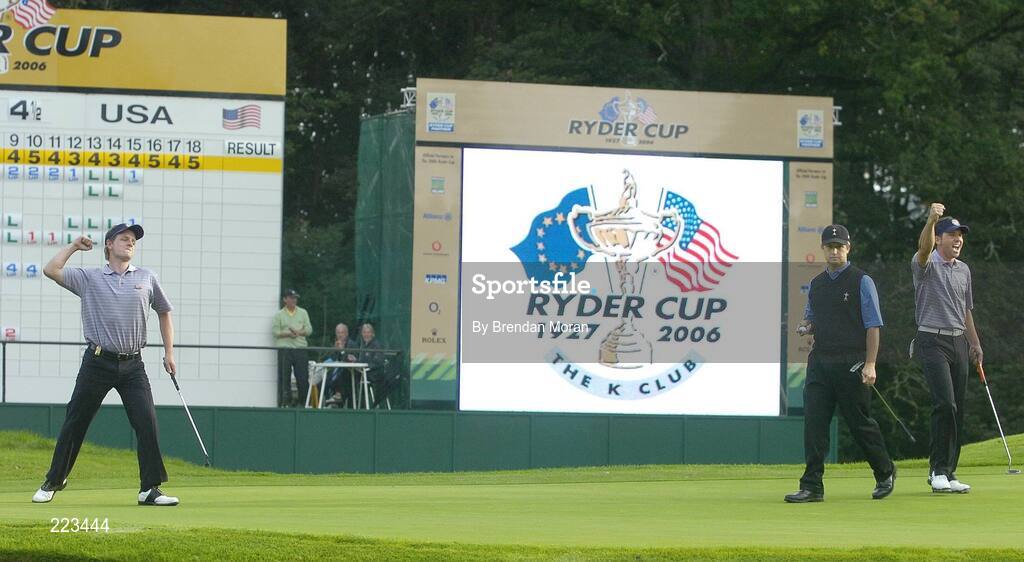 23 September 2006; Luke Donald, left, and Sergio Garcia, Team Europe 2006, celebrate on the 16th green after Donald's par putt gave them a 2 up 2 to play against Mickelson / Toms during Saturday afternoon's foursomes matches. 36th Ryder Cup Matches, K Club, Straffan, Co. Kildare, Ireland. Picture credit: Brendan Moran / SPORTSFILE