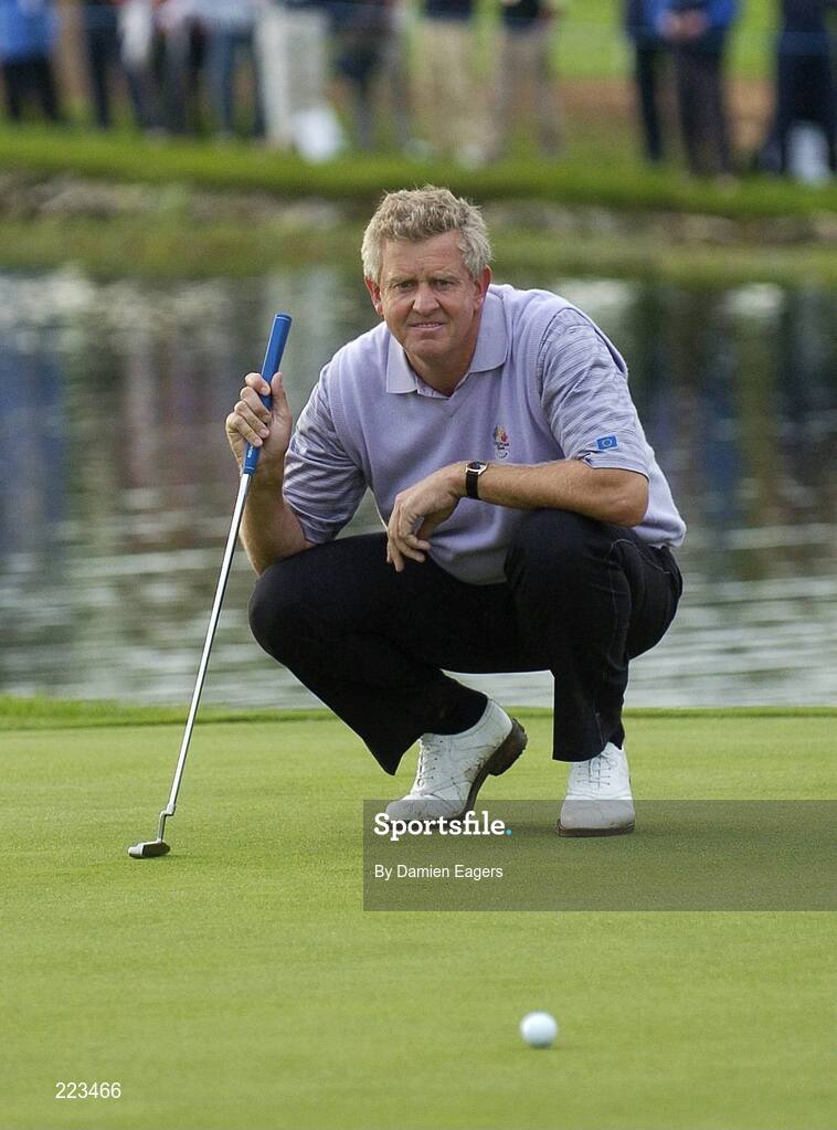 23 September 2006; Colin Montgomerie, Team Europe 2006, lines up a putt on the 18th green during Saturday afternoon's foursomes matches. 36th Ryder Cup Matches, K Club, Straffan, Co. Kildare, Ireland. Picture credit: Damien Eagers / SPORTSFILE