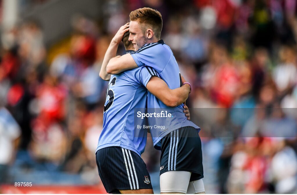 4 August 2014; Chris Sallier, left, and Aodhán Fee, Dublin, celebrate victory at the end of the game. Electric Ireland GAA Football All-Ireland Minor Championship Quarter-Final, Dublin v Cork, Semple Stadium, Thurles, Co. Tipperary. Picture credit: Barry Cregg / SPORTSFILE